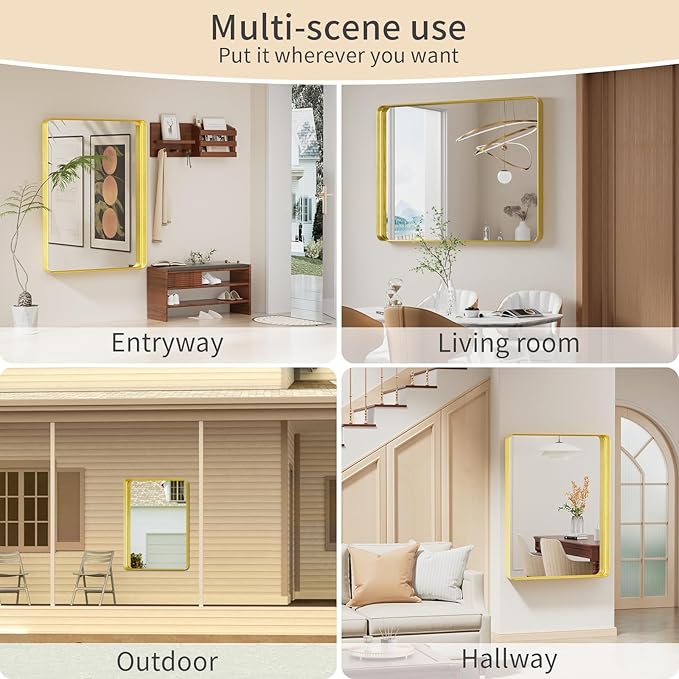 Koonmi Gold Bathroom Mirror for Wall, 36x48 Inch Matte Metal Deep Framed Rounded Corner Wall Mirror, Shatterproof Tempered Glass for Farmhouse Bedroom Entryway, Vertically or Horizontally