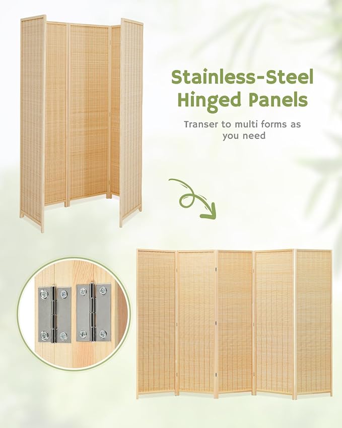 JOSTYLE Room Divider Folding Privacy Screen, 5 Panel Room Dividers 6 ft. Tall Bamboo Partition Wall Separation Dividers Freestanding, 99" W * 70.9" H