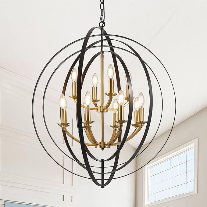 Black and Gold Chandelier, 12-Light Farmhouse Chandelier for Entryway, 31.5" Extra Large Round Pendant Light Fixtures, Foyer Chandeliers for High Ceilings, Rustic Ceiling Foyer Lighting Fixtures