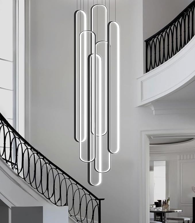 6 Rings Modern Large Chandelier for Staircase High Ceiling Chandelier LED Dimmable Black Chandeliers for Foyer Living Room Villa Black