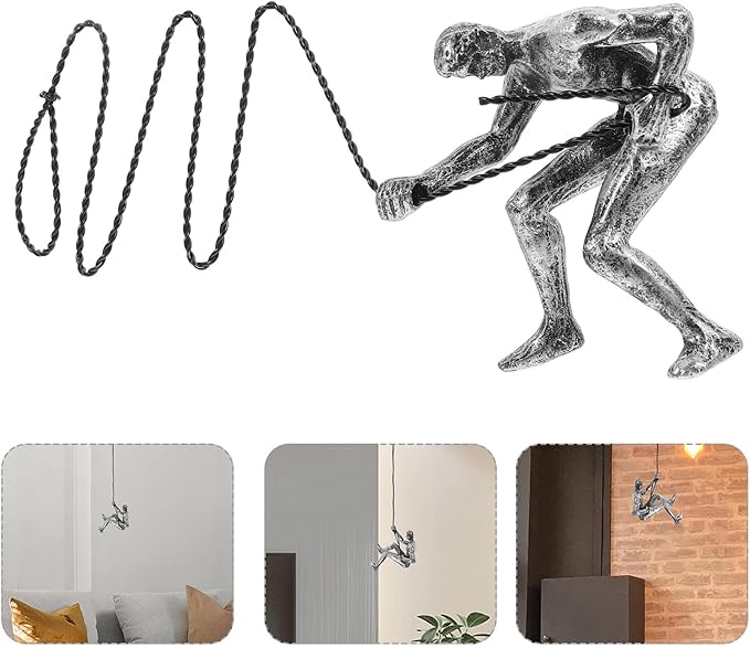 OSOLADY Vintage Resin Man Figurine Wall Sculpture Industrial Style Climbing Man Wall Hanging Decor for Living Bar Tv Background Artistic in Silver Right Hand