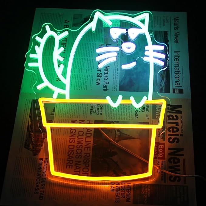 Cactus Cat Neon Sign Funny Animal LED Signs for Wall Novel Potted Plant Neon Light Dimmable Cartoon Neon Lights Signs for Bedroom Man Cave Porch Party Decor USB Powered