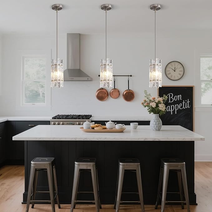 Modern Crystal Pendant Light for Kitchen Island, Brushed Nickel Luxury Mini Water Ripple Glass Chandelier Lights Fixture, Square Adjustable Hanging Pendant Lighting for Dining Room Bedroom (3-Pack)