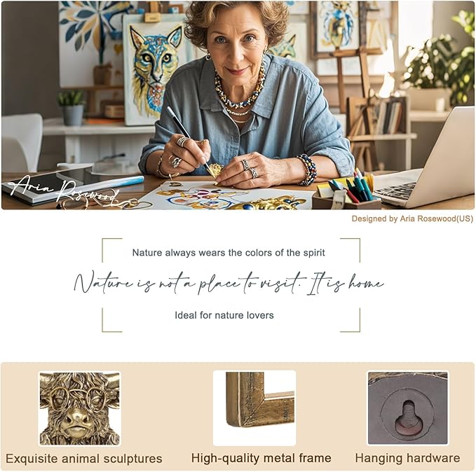 Animal Heads Wall Decor (Includes Metal Frame) Resin Animals Sculptures Head Wall Hanging Decoration Gold vintage Wall Sculpture for Living Room Bedroom Office(Highland cattle)