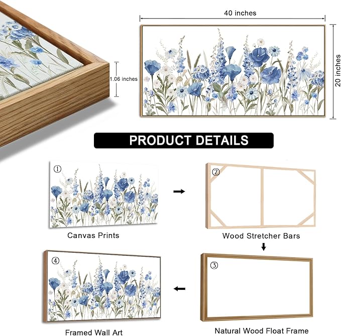 arteWOODS Elegant Flowers Framed Wall Art - Blue White Botanical Pictures for Wall Decor Floral Blossom Canvas Painting Print Artwork for Living Room Bedroom Home Office Wall Decoration 20" x 40"