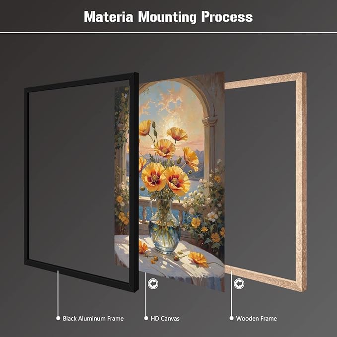 Yellow poppy flower canvas painting glass pitcher arched window tranquil lake mountains sunset sky pink orange clouds climbing vines stone columns home bedroom living room plant wall art decoration