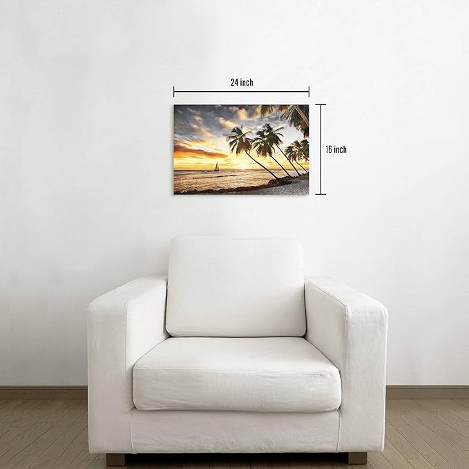 Coastal Wall Art Canvas Decor: Beach Scene Sunset Picture Ocean Sea Tropical Palm Tree Print Seascape Sailboat Painting Seaside Seashore Landscape Artwork for Bathroom Living Room 24 x 16 Inch