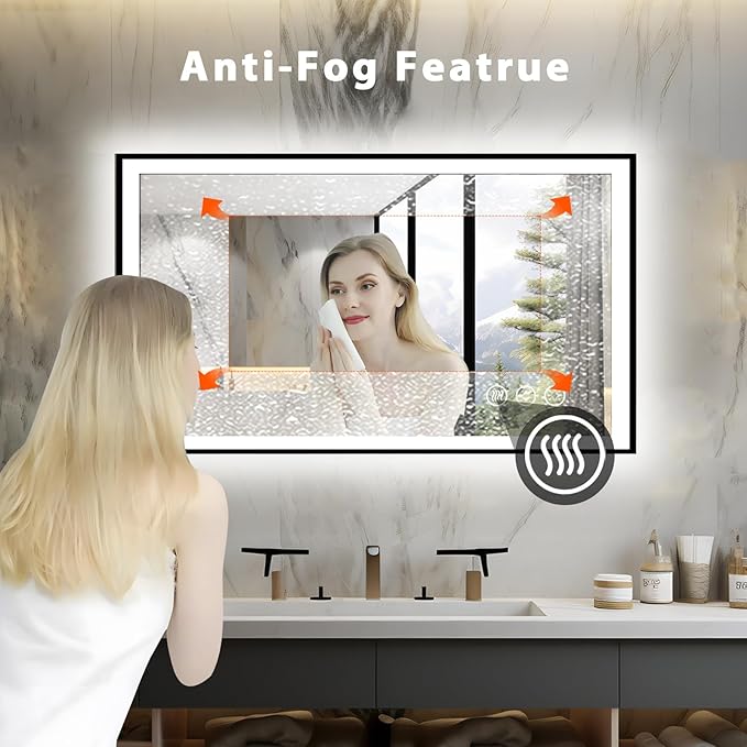 40x24 LED Bathroom Mirror for Wall, Black (Metal, Aluminum) Framed, Front Light and Backlit, 3 Colors and Dimmable Vanity Mirror, Anti-Fog, Shatter-Proof, Memory (Horizontal/Vertical)