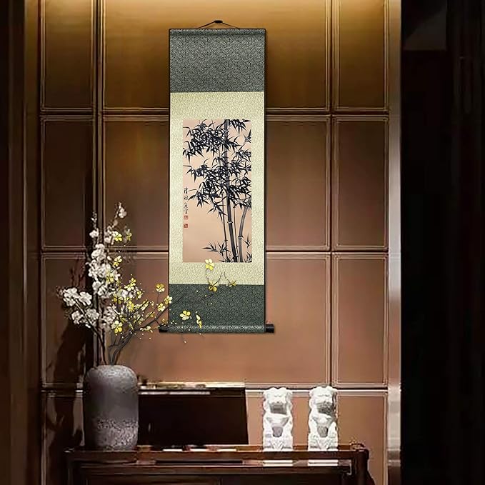 AtfArt Asian Wall Decor Beautiful Silk Scroll Painting Bamboo Leaf Plant - Ancient Bamboo Oriental Decor Chinese Art Wall Scroll Wall Hanging Painting Scroll (36.2 x 12 in)