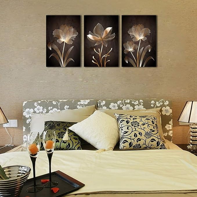 arteWOODS Abstract Wall Art Golden Flowers Canvas Pictures Contemporary Minimalism Abstract Artwork for Bedroom Bathroom Living Room Wall Decor 16" x 24" x 3 Pieces