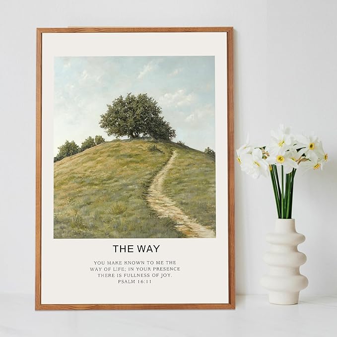 LHIUEM Christian Bible Verse Framed Canvas Wall Art,Vintage Jesus Wall Decor,Religious Scripture Landscape Painting,Natural The Way The Truth Artwork for Living Room,Bedroom,Dining Room -16"x24"x3