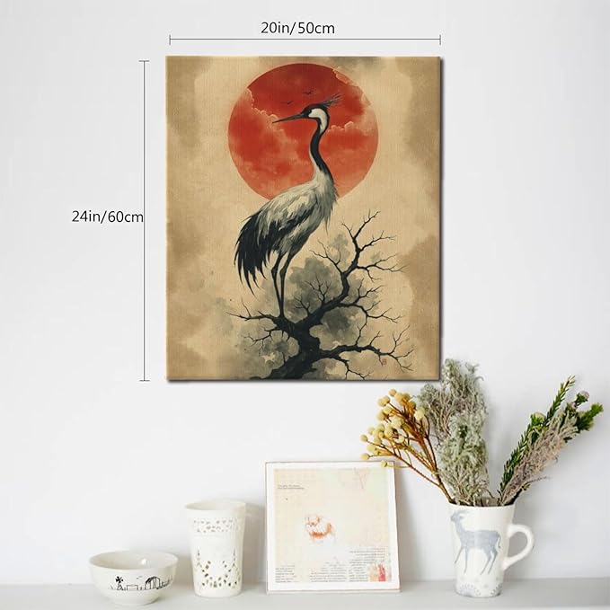 Japanese Crane Wall Art Oriental Asian Wall Decor Sandhill Crane Canvas Pictures Paintings Prints Japan Traditional Aesthetic Artwork Framed Chinese Decorations For Bedroom Living Room Office Gifts 20" x 24"