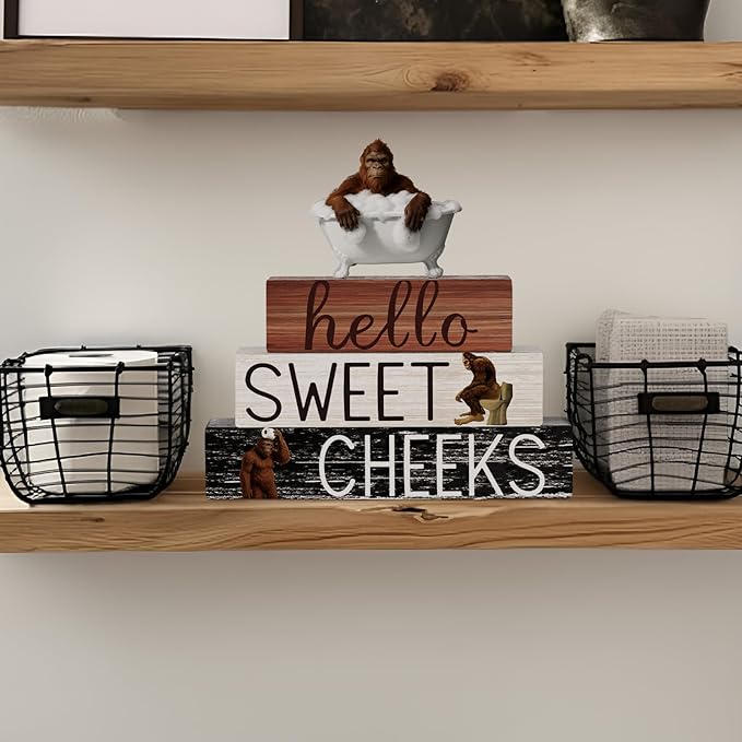 4 Pcs Funny Bigfoot Bathroom Decor Farmhouse Sasquatches Bathroom Decoration Western Hello Sweet Cheeks Table Centerpiece Christmas