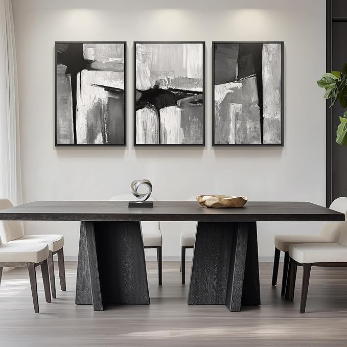 Large Framed Black and White Gray Abstract Wall Art, 3 Piece Modern Canvas Prints Paintings Artwork for Walls, Grey Abstract Pictures for Living Room Hallway Bedroom Office Wall Decor Total 30x60 In