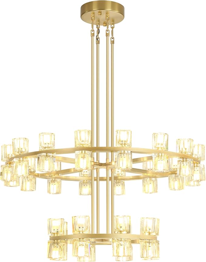 D16''+D32'' 2 Tier Gold Wagon Wheel Chandelier, 48-Lights Farmhouse Pendant Light Fixture, Round Rustic Hanging Lighting for Dining Room Kitchen Island Foyer Entryway