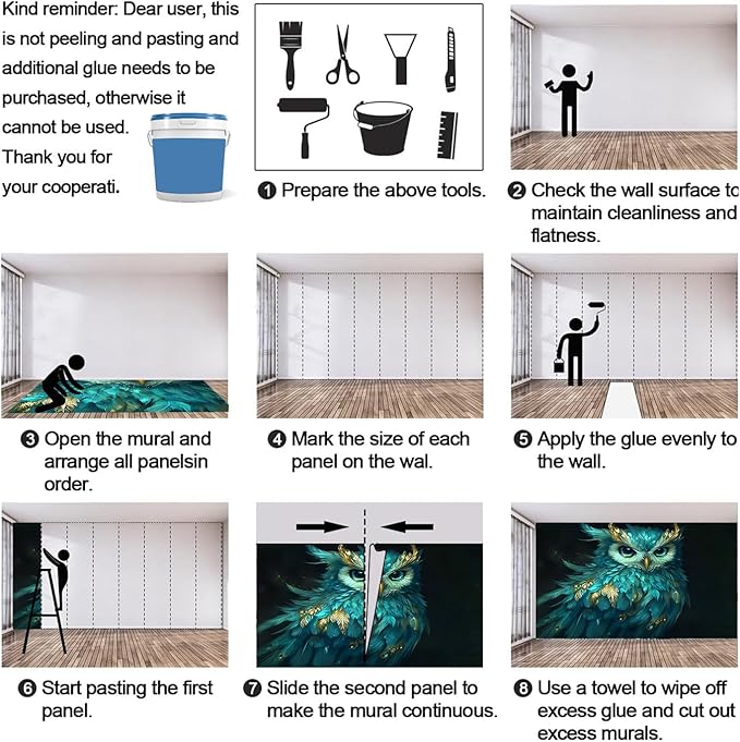 Owl Mural Wallpaper, 3D Owl Murals, Cartoon Animal Poster Murals Wallpaper for Living Room Bedroom Home Decor Mural - 118" W x 82.7" H (Not Peel Stick)