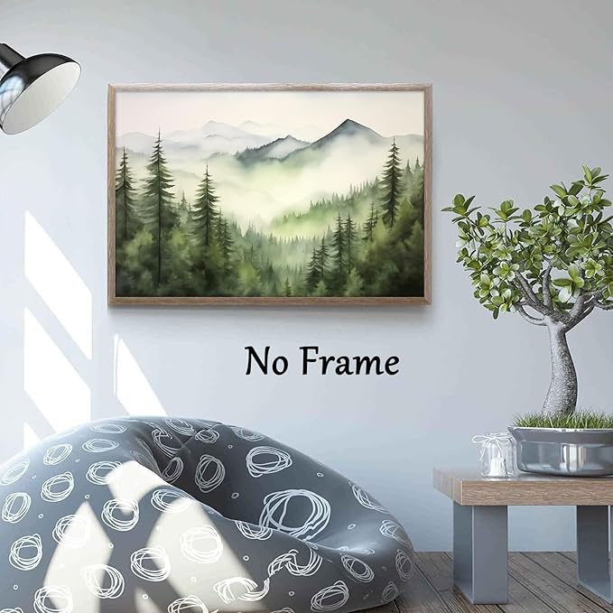 Large Forest Mountain Landscape Wall Art Canvas Print Green Forest Pictures Watercolor Pine Tree Painting Green Mountain National Forest Poster Watercolor Landscape Artwork Decor 16x24inch No Frame