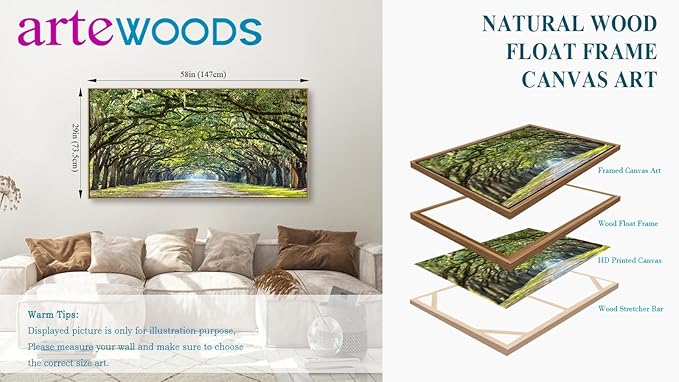 arteWOODS Framed Canvas Wall Art - Green Forest Canvas Pictures Oak Trees Covered Lane Art Print Green Nature Landscape Artwork Oak Trees Lined Road at Georgia Home Decor 29" x 58"