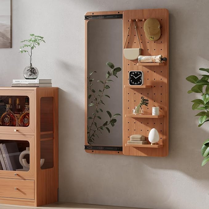 KungFuWood Full Length Mirror with Shelf and Hooks,Entry Way Mirrors for Wall,Wall Mirror with Shelf,Wall Mirror with Storage Multifunctional Design Panel,Living Room