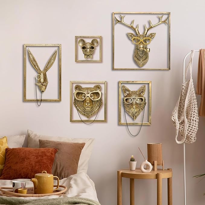 Newinhome 5 Pack Animal Heads Wall Decoration (Gift Metal Frame) Resin Animals Sculptures Head Wall Hanging Decor Gold vintage Wall Sculpture for Living Room Bedroom Office