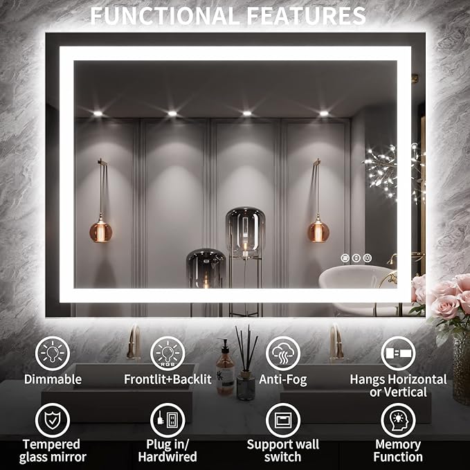 LOAAO 40X30 LED Bathroom Mirror with Lights, Anti-Fog, Dimmable, Backlit + Front Lit, Lighted Bathroom Vanity Mirror for Wall, Memory Function, Tempered Glass, ETL Listed