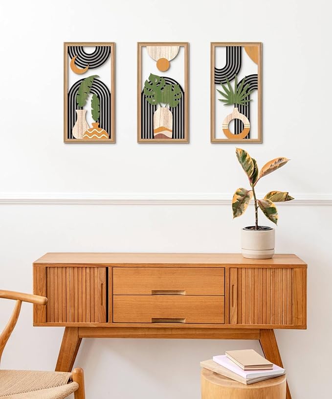 Putuo Decor Boho Abstract Wall Art Set of 3, Modern Minimalist Wooden Wall Decor, Geometric Aesthetic Botanical Artwork, Mid-Century Modern Design for Living Room, Bedroom, Office, Black 16.5 x 8.6