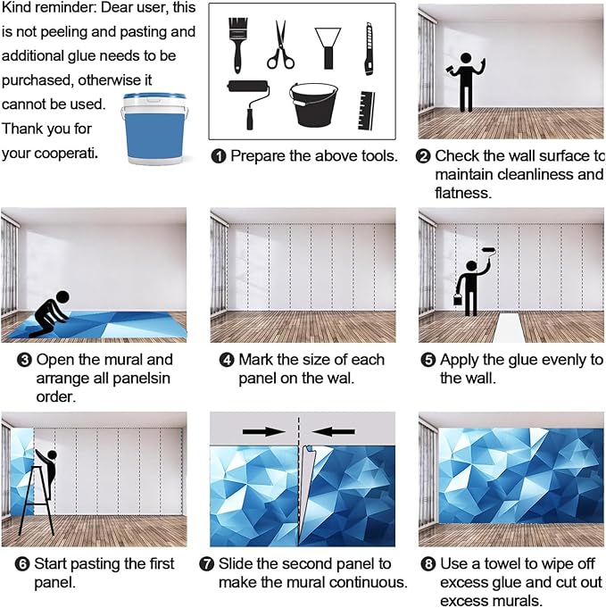 3D Stereo Geometric Wall Mural for Bedroom - 110" x 79" Mural, Blue Triangle Wallpaper for Living Room, Modern Custom Large HD Photo, Geometric Murals Wallpaper (Not Peel and Stick)