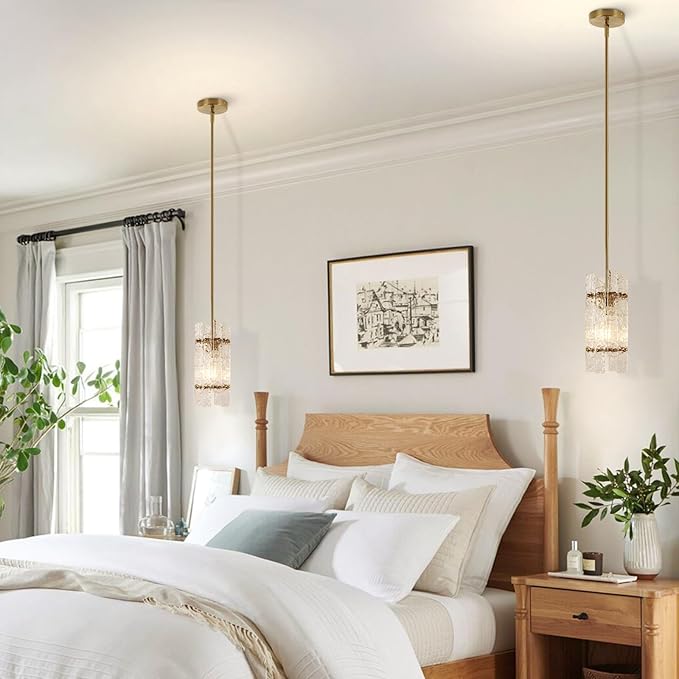 Modern Gold Crystal Pendant Light for Kitchen Island, Luxury Mini Water Ripple Glass Chandelier Lights Fixture, E26 Square Adjustable Hanging Pendant Lighting for Dining Room Bedroom (1-Pack)