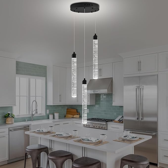 3-Light Modern Dimmable LED Crystal Chandelier - Black Mini Pendant Lighting with Spiral Raindrop/Bubble Cluster Pendant for Kitchen Island, Dining Room, Living Room, Foyer
