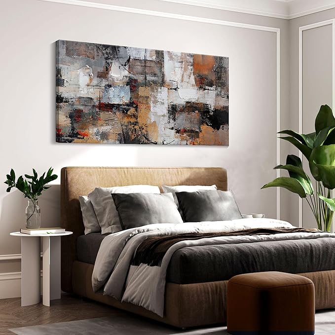 Abstract Canvas Wall Art - Modern Minimalist Wall Painting - Brown Decorations - Framed Wall Art for Bedroom, Office - Artwork Wall Decor - Brown Bedroom Wall Decor Above BedAbstract Canvas Wall Art 24×48IN