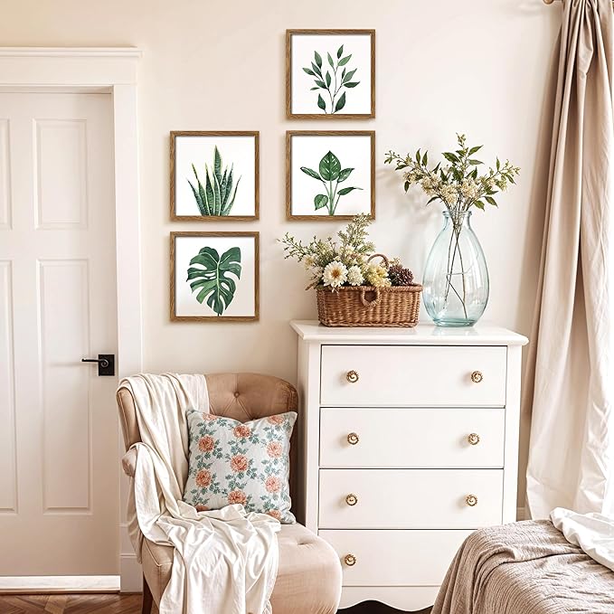 ArtbyHannah Framed Bathroom Wall Decor, 10x10 Inch Botanical Wall Art with Sage Green Plant Print for Wall Decoration, Minimalist Restroom Decor (Walnut)