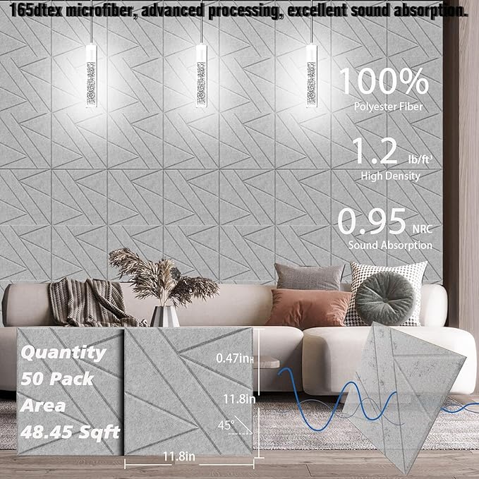 50 Pack Bulk Self-Adhesive Soundproof Wall Panels, 12 x 12 x 0.47 in Sound Proof Foam Panels for Walls, 1.2lb/ft³ High Density, Thicker 0.47in, Acoustic Panels, Duty for Large Walls Gray