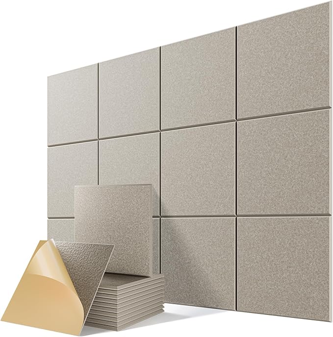 12 Pack Self-Adhesive Acoustic Panels, 12" X 12" X 0.4" High-Density Sound Proof Foam Panels for Walls, Soundproof Wall Panels for Home & Office (Camel)