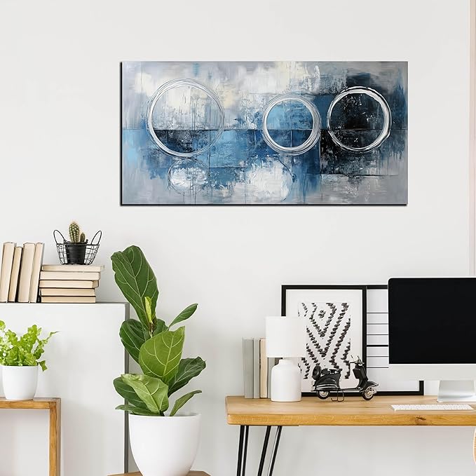 AOZEMI Abstract Wall Art Large Blue Picture Wall Decor Grey and White Circle Modern Artwork Art for Living Room Office 24"x 48"