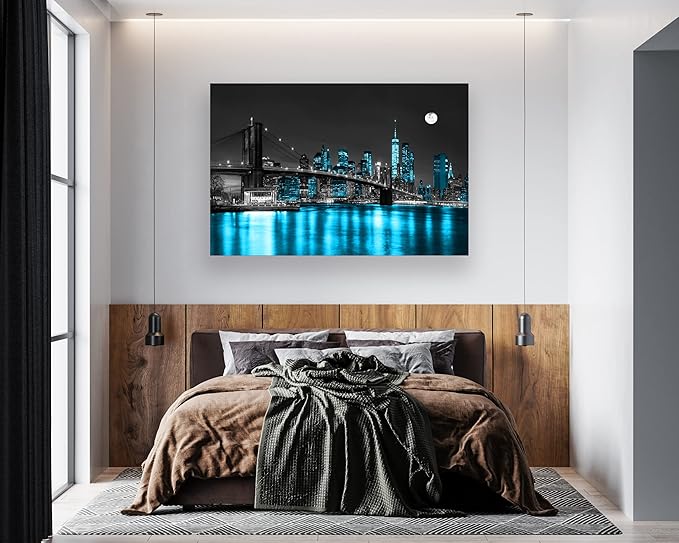 Aibonnly Wall Art Canvas Painting Black White and Blue New York Brooklyn Bridge 1 Piece Cityscape Night Building Picture Poster Print Framed for Living Room Bedroom Kitchen Office Home Decor