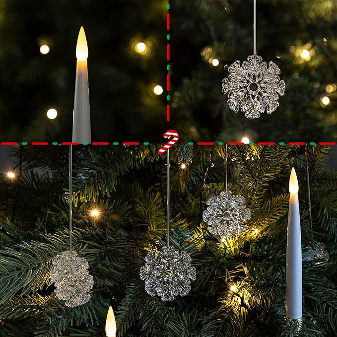 Christmas Tree Candles, 10 Pack Flameless Taper Candles for Christmas Tree, LED Battery Operated Fake Candle with Remote for Xmas Wedding Decor with Crystal Snowflake Hook