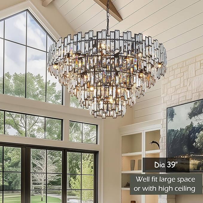 Large Chandeliers for High Ceilings Modern Farmhouse Antique Black Chandelier Light Fixture for Foyer Entryway Living Room Big Lighting Chandelier Hanging Round 39’’