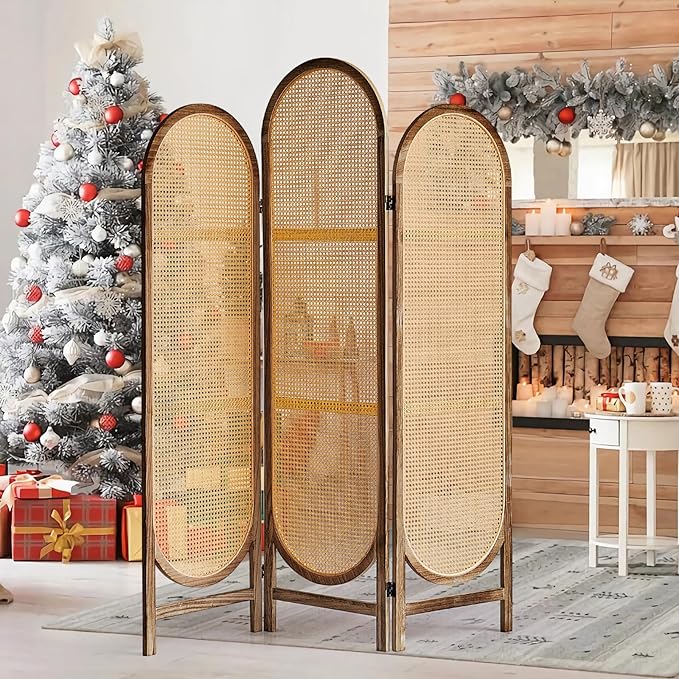 5.9 Ft Tall Hand-Woven Rattan Room Divider 3 Panels, Wood Room Divider Panel, Folding Screen Divider Wall, Wall Divider for Room Separation, Folding Privacy Screen, Home Office - Brown