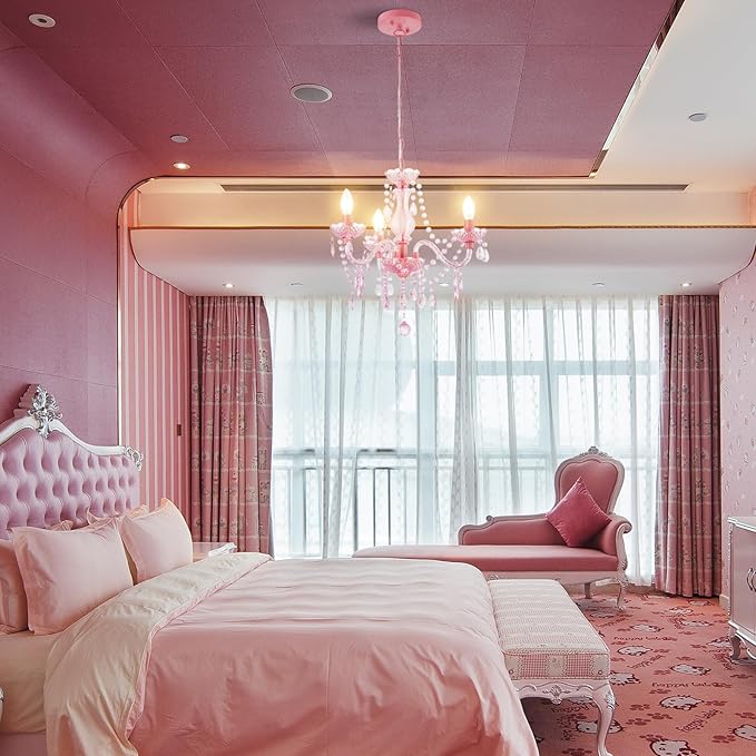 Luvkczc Crystal Chandelier, 3-Light Modern K9 Acrylic Crystal Chandelier for Dining Room, Pendant Ceiling Lighting Fixture for Bedroom, Living Room, Dining Room, Entryway Pink