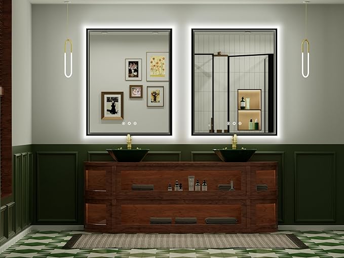 30x36 Inch Black LED Bathroom Mirror with Front and Back Lights, 3000K/4500K/6000K, Wall Mounted Framed Lighted Bathroom Vanity Mirror, Stepless Dimmable, Anti-Fog, Horizontal/Vertical