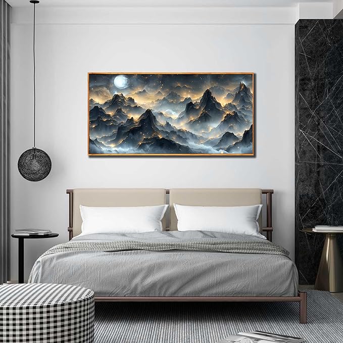 Ouzzlie Black and Gold Art Wall Decor Moon Wall Art for Office Mountain Landscape Canvas Picture Artwork 24" x 48"