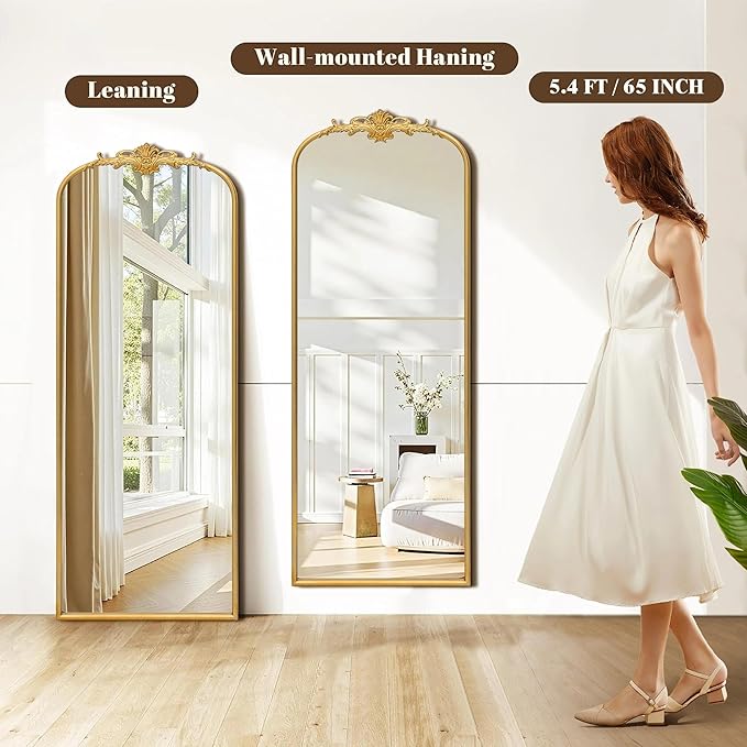 Antique Full Length Mirror: 21"x56" Gleaming Gold Arched Full Body Mirror - Floor Vintage Baroque Traditional Ornate for Entryway/Cloakroom/Bedroom - Home Decor for Interior Designers