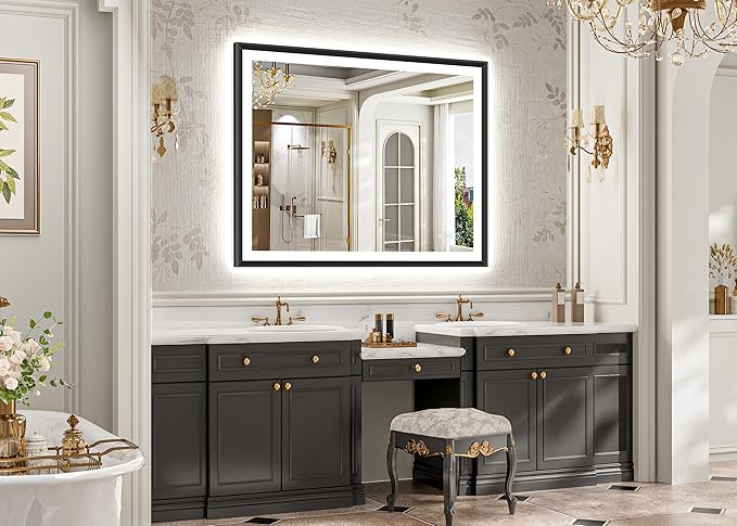 48x38 Black Framed Led Bathroom Mirror with Lights, Front Lit and Backlit, Lighted Vanity Mirror for Bathroom Wall, Anti-Fog, Dimmable, 3 Colors, Memory, HD Tempered Glass