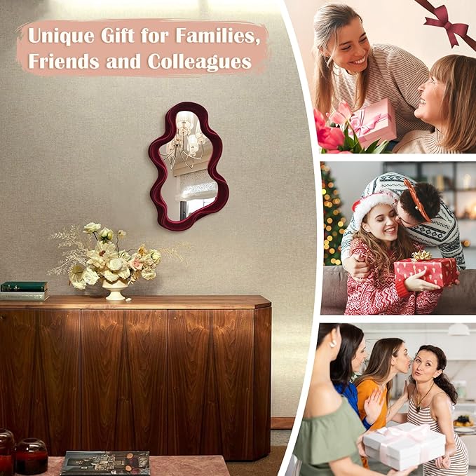 Mirror Wall Decor for Home Office Apartment, Asymmetrical Decorative Mirror for Entryway Porch Fireplace, Irregular Hanging Wall Art Sculpture for Christmas (Wine Red)
