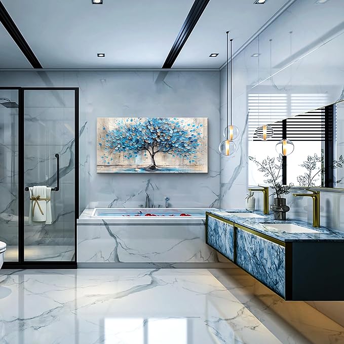 Lapremoly Textured Abstract Wall Pictures Artwork Wall Decor For Living Room Framed Canvas Wall Art For Bedroom Office Decor Blue Tree Paintings Panoramic Landscape Prints Home Decor Ready to Hang