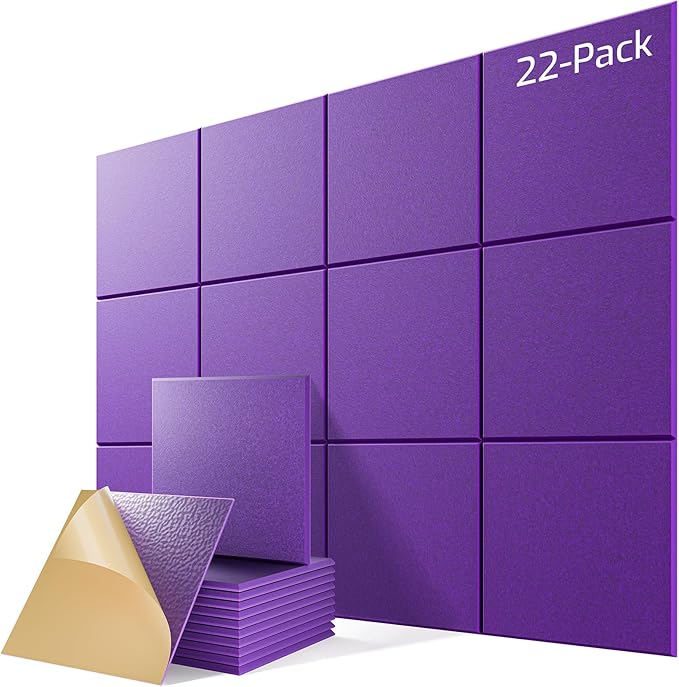 22 Pack Self-Adhesive Acoustic Panels, 12" X 12" X 0.4" High-Density Sound Proof Foam Panels for Walls, Soundproof Wall Panels for Home & Office (Purple)