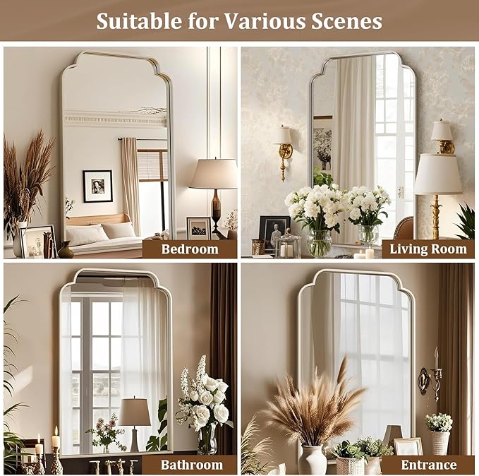 30" x 48" Silver Arch Bathroom Mirror, Wall Mounted Vanity Mirror with Metal Frame, Modern Decorative Scalloped Wall Mirror for Sink, Bedroom, Living Room, Entry, Farmhouse Home