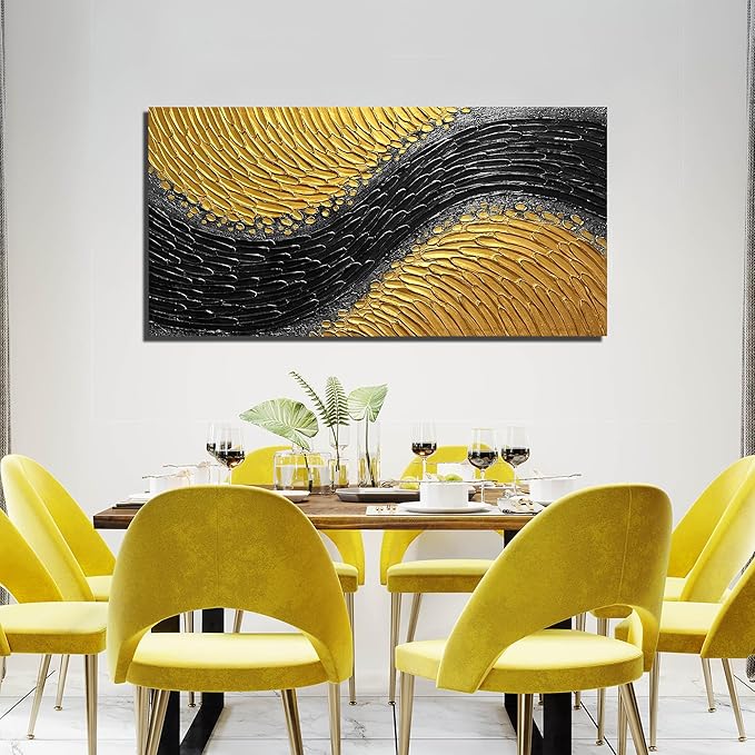Abstract 3D Hand Painted Wall Art for Office Black and Gold Canvas Wall Art for Bedroom Modern Wall Decor for Living Room Size 24 x 47 Inch