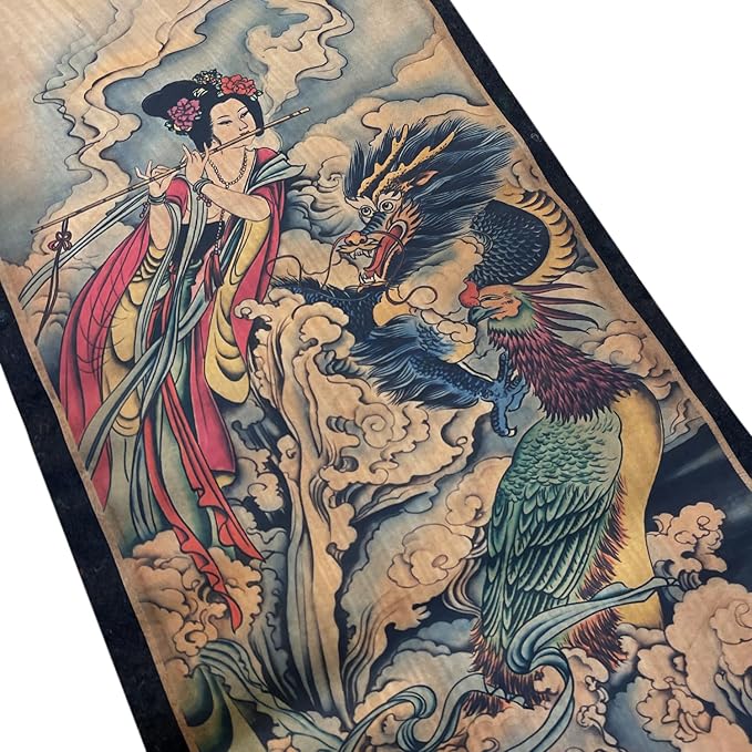 CIFIBIFUN Dragon Geisha Beauty Japan Style Ancient Replica Wall Poster Painting, Wooden Hanging Scroll, for Walls Print Decor (14"x49"x4PCS)