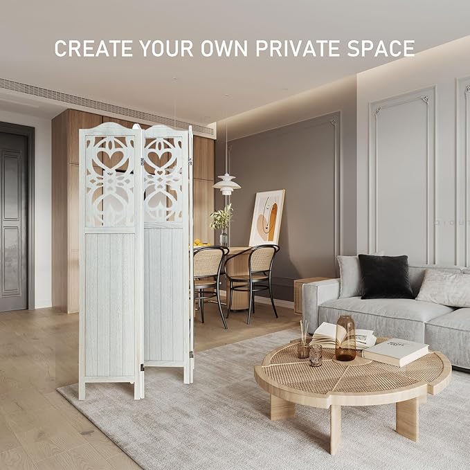 4 Panel Room Divider Fully Assembled, Carved Room Dividers and Folding Screens, 5.6Ft Wood Room Divider Screen Freestanding Partition Wall Dividers for Home Bedroom Office, Rustic White